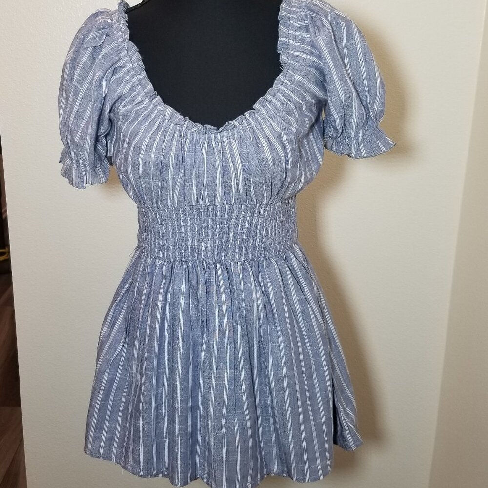 Indulge Instyle Womens Small Blue Stripe Short Romper Boho Peasant Milk Maid NWT